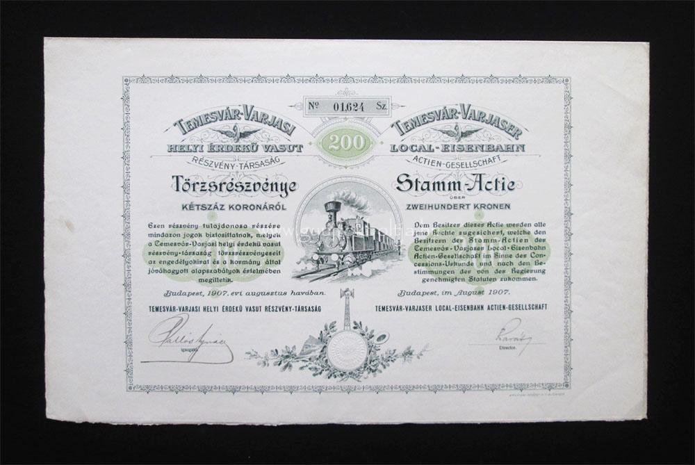 Temesv�r-Varjasi Helyi �rdek� Vas�t t�rzsr�szv�ny 200 korona 190